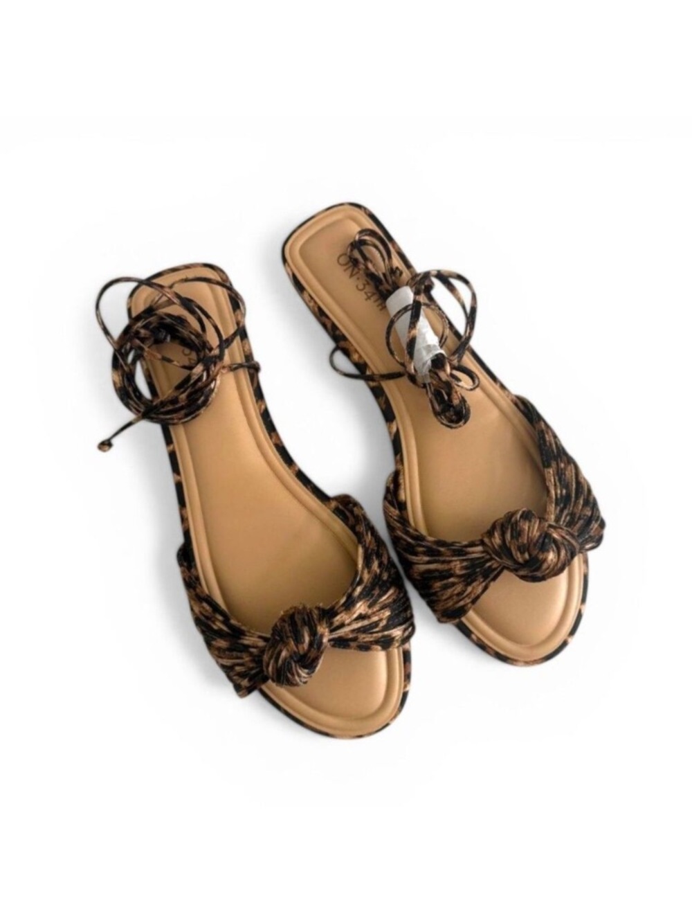 Knot Front Ankle-Tie Flats in Brown Animal Print